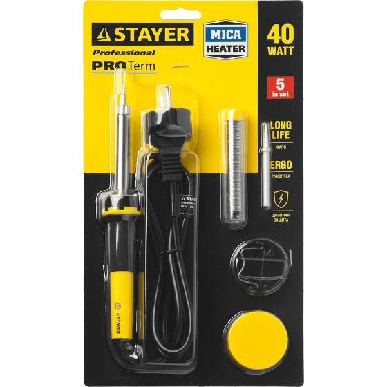 STAYER PROTerm, 40 Вт, с 2к рукояткой, конус, подставка + припой + сменное жало + канифоль, набор для паяльных работ, Professional (55312-40-H5) STAYER PROTerm, 40 Вт, с 2к рукояткой, конус, подставка + припой + сменное жало + канифоль, набор для паяльных работ, Professional (55312-40-H5)