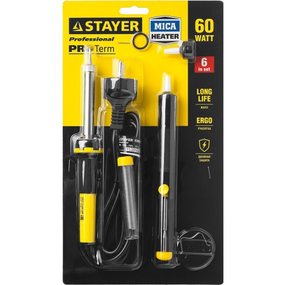 STAYER PROTerm, 60Вт, 2к рукоятка, конус, подставка+припой+сменн жало+оловоотсос+сменн насадка, набор для паяльных работ, Professional (55313-60-H6) STAYER PROTerm, 60Вт, 2к рукоятка, конус, подставка+припой+сменн жало+оловоотсос+сменн насадка, набор для паяльных работ, Professional (55313-60-H6)