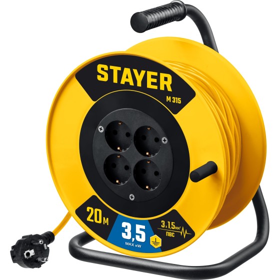 STAYER M-315, ПВС, 3 x 1.5 мм2, 20 м, 3500 Вт, силовой удлинитель на катушке (55078-20) STAYER M-315, ПВС, 3 x 1.5 мм2, 20 м, 3500 Вт, силовой удлинитель на катушке (55078-20)