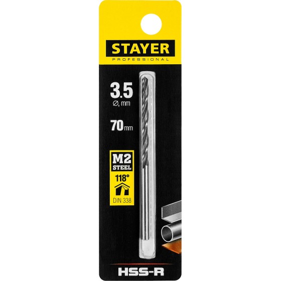 STAYER HSS-R, 3.5 х 70 мм, быстрорежущая сталь P6M5, сверло по металлу, Professional (29602-3.5) STAYER HSS-R, 3.5 х 70 мм, быстрорежущая сталь P6M5, сверло по металлу, Professional (29602-3.5)