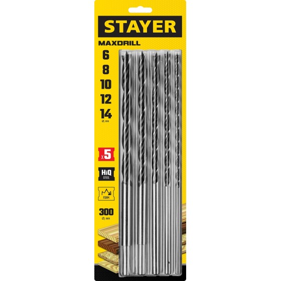 STAYER Maxdrill, 5 шт: 6-8-10-12-14 х 300 мм, набор сверл спиральных по дереву (2943-300-H5) STAYER Maxdrill, 5 шт: 6-8-10-12-14 х 300 мм, набор сверл спиральных по дереву (2943-300-H5)