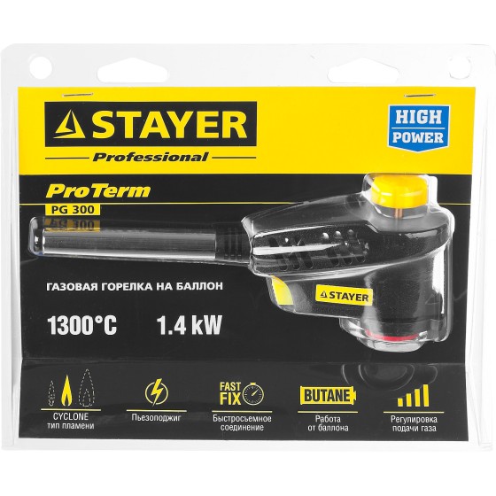 STAYER ProTerm Turbo PG400, 1300°C, турбо нагрев + 30%, газовая горелка с пьезоподжигом на баллон с цанговым соединением(55582) STAYER ProTerm Turbo PG400, 1300°C, турбо нагрев + 30%, газовая горелка с пьезоподжигом на баллон с цанговым соединением(55582)