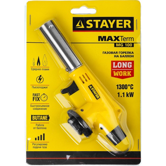 STAYER MaxTerm MG 100, 1300°C, газовая горелка с пьезоподжигом на баллон с цанговым соединением (55584) STAYER MaxTerm MG 100, 1300°C, газовая горелка с пьезоподжигом на баллон с цанговым соединением (55584)