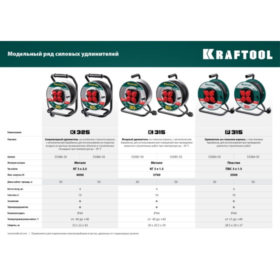 KRAFTOOL P-315, ПВС, 3 x 1.5 мм2, 50 м, 3500 Вт, IP44, силовой удлинитель на катушке (55084-50) KRAFTOOL P-315, ПВС, 3 x 1.5 мм2, 50 м, 3500 Вт, IP44, силовой удлинитель на катушке (55084-50)