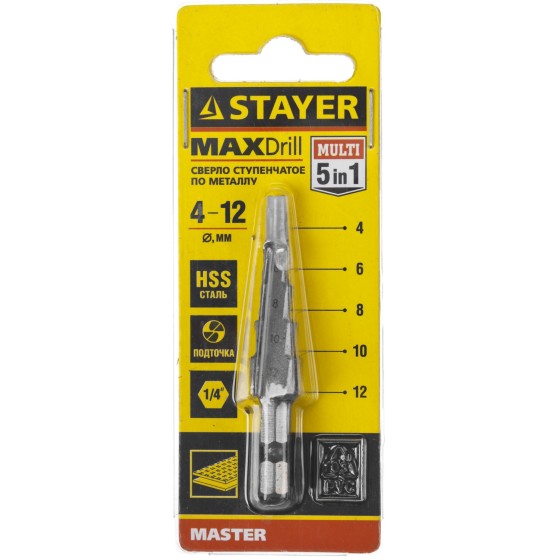 STAYER 4-12 мм, 5 ступеней, сталь HSS, ступенчатое сверло (29660-4-12-5) STAYER 4-12 мм, 5 ступеней, сталь HSS, ступенчатое сверло (29660-4-12-5)