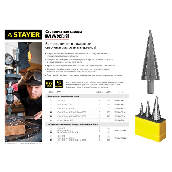 STAYER 4-12 мм, 5 ступеней, сталь HSS, ступенчатое сверло (29660-4-12-5) STAYER 4-12 мм, 5 ступеней, сталь HSS, ступенчатое сверло (29660-4-12-5)