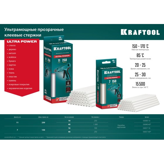 KRAFTOOL Ultra Power, 7 х 150 мм, 40 шт, прозрачные, ультрамощные клеевые стержни (06837-40) KRAFTOOL Ultra Power, 7 х 150 мм, 40 шт, прозрачные, ультрамощные клеевые стержни (06837-40)