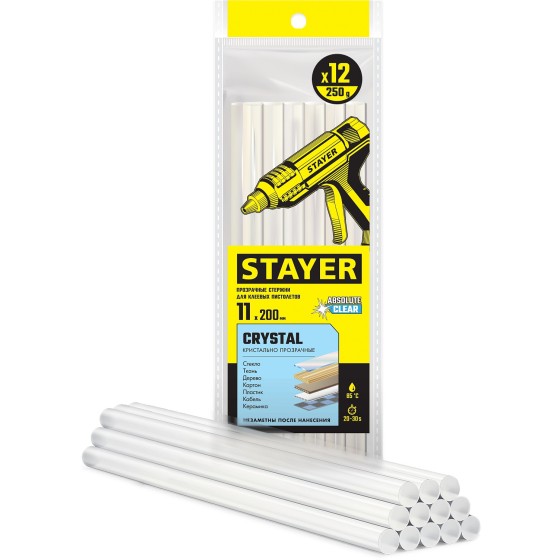 STAYER Cristal, 11 х 200 мм, 12 шт, прозрачные, универсальные клеевые стержни Professional (0682-12) STAYER Cristal, 11 х 200 мм, 12 шт, прозрачные, универсальные клеевые стержни Professional (0682-12)