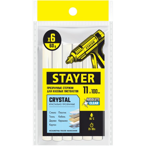 STAYER Cristal, 1 х 100 мм, 6 шт, прозрачные, универсальные клеевые стержни Professional (0682-H6) STAYER Cristal, 1 х 100 мм, 6 шт, прозрачные, универсальные клеевые стержни Professional (0682-H6)