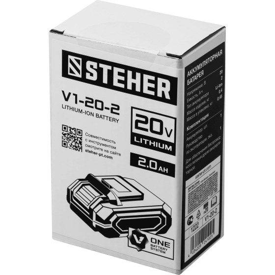 STEHER V1, 20 В, 2.0 А·ч, аккумуляторная батарея (V1-20-2) STEHER V1, 20 В, 2.0 А·ч, аккумуляторная батарея (V1-20-2)