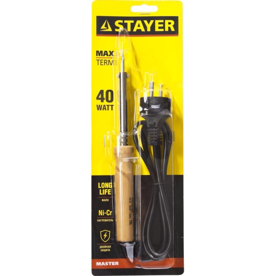 STAYER MAXTerm, 40 Вт, конус, электропаяльник с деревянной рукояткой (55310-40) STAYER MAXTerm, 40 Вт, конус, электропаяльник с деревянной рукояткой (55310-40)