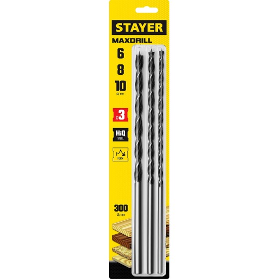 STAYER Maxdrill, 3 шт: 6-8-10 х 300 мм, набор сверл спиральных по дереву (2943-300-H3) STAYER Maxdrill, 3 шт: 6-8-10 х 300 мм, набор сверл спиральных по дереву (2943-300-H3)