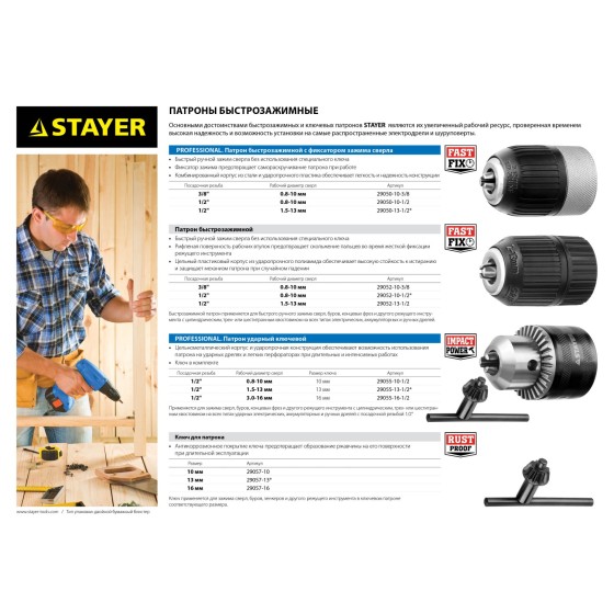 STAYER 13 мм, 1/2″, быстрозажимной патрон для дрели, Professional (29050-13-1/2) STAYER 13 мм, 1/2″, быстрозажимной патрон для дрели, Professional (29050-13-1/2)