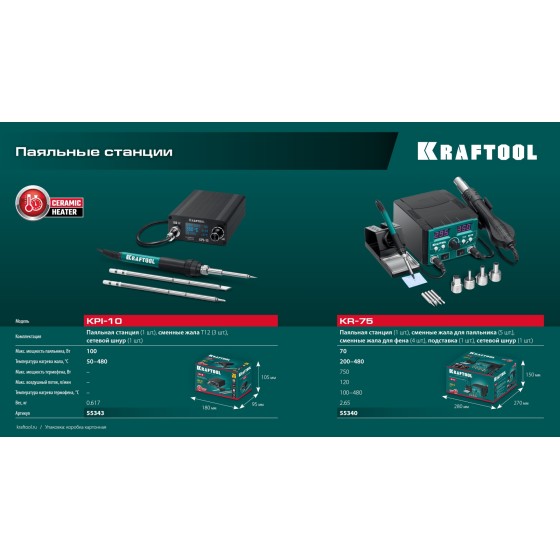 KRAFTOOL KR-75, 2-в-1 100-480°С 750 Вт, Ремонтная паяльная станция (55340)