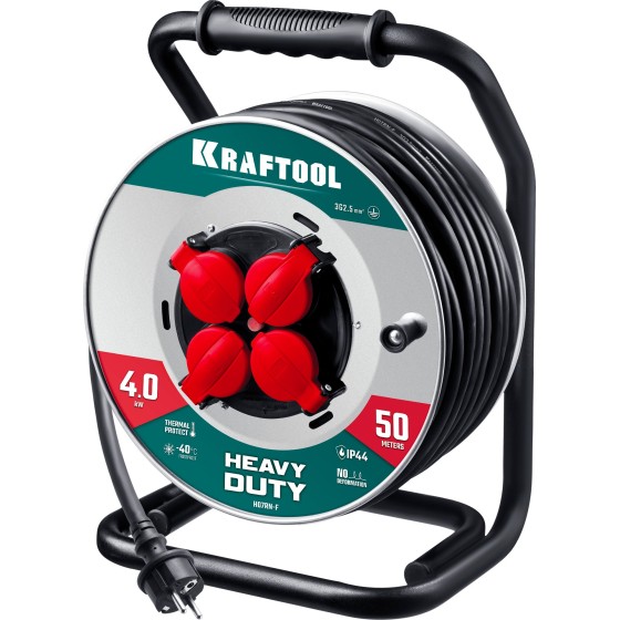 KRAFTOOL КГ 3х2.5 50м 4000Вт IP44, HEAVY DUTYСиловой удлинитель на стальной катушке (55086-50) KRAFTOOL КГ 3х2.5 50м 4000Вт IP44, HEAVY DUTYСиловой удлинитель на стальной катушке (55086-50)