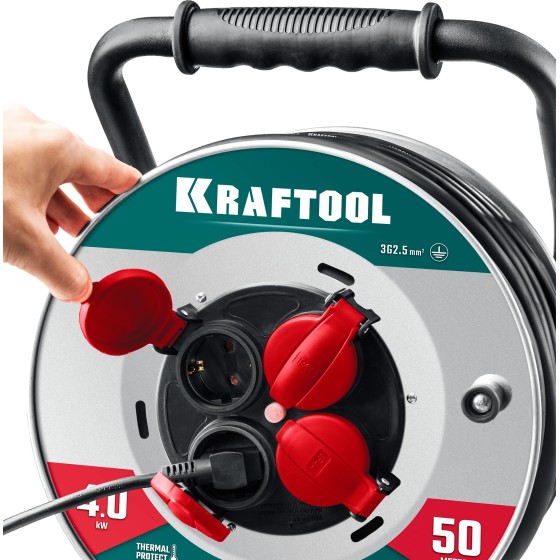 KRAFTOOL КГ 3х2.5 50м 4000Вт IP44, HEAVY DUTYСиловой удлинитель на стальной катушке (55086-50) KRAFTOOL КГ 3х2.5 50м 4000Вт IP44, HEAVY DUTYСиловой удлинитель на стальной катушке (55086-50)
