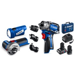 ЗУБР КОМБИ #5 набор: дрель-шуруповерт + мини УШМ + LED фонарь, BRUSHLESS, 12 В, 45 Н·м, 2 АКБ тип Т7 (4 и 2 А·ч), кейс, Профессионал (DB-125-42ABF)