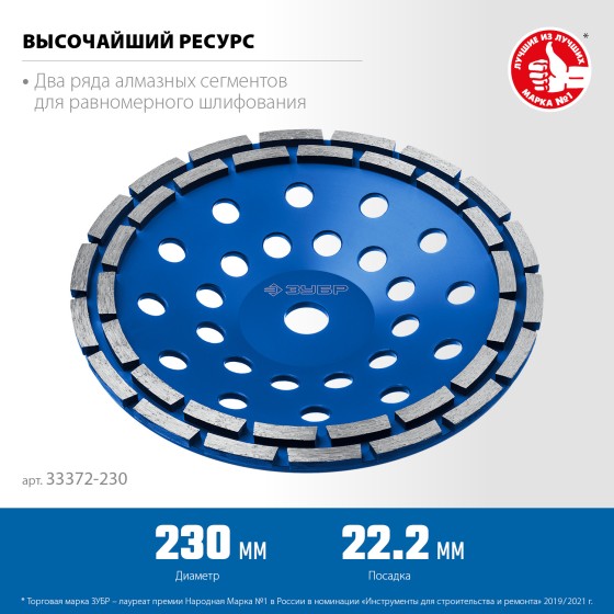 ЗУБР d 230 мм, двухрядная алмазная шлифовальная чашка, Профессионал (33372-230) ЗУБР d 230 мм, двухрядная алмазная шлифовальная чашка, Профессионал (33372-230)