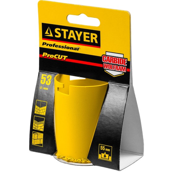 STAYER 53 мм, L 55 мм, карбид вольфрама, кольцевая коронка, Professional (33345-53) STAYER 53 мм, L 55 мм, карбид вольфрама, кольцевая коронка, Professional (33345-53)