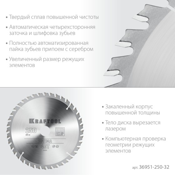KRAFTOOL Optima, 250 х 32 мм, 40Т, пильный диск по дереву (36951-250-32) KRAFTOOL Optima, 250 х 32 мм, 40Т, пильный диск по дереву (36951-250-32)