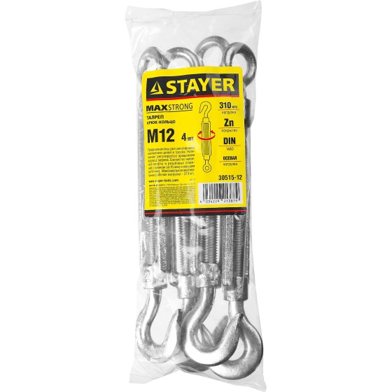 STAYER DIN 1480, М12, 4 шт, талреп крюк-кольцо (30515-12) STAYER DIN 1480, М12, 4 шт, талреп крюк-кольцо (30515-12)