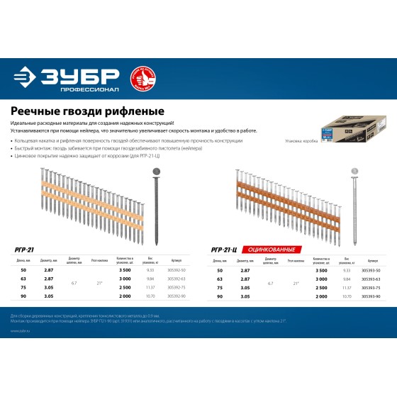 ЗУБР SN21 63 х 2.87 мм, реечные гвозди рифленые, 3000 шт (305392-63) ЗУБР SN21 63 х 2.87 мм, реечные гвозди рифленые, 3000 шт (305392-63)