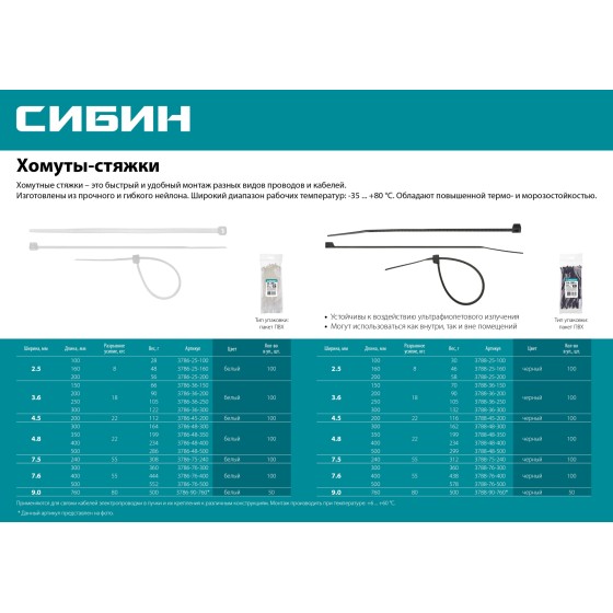 СИБИН ХС-Б, 3.6 x 250 мм, нейлон РА66, 100 шт, белые, хомуты-стяжки (3786-36-250) СИБИН ХС-Б, 3.6 x 250 мм, нейлон РА66, 100 шт, белые, хомуты-стяжки (3786-36-250)