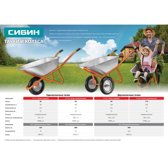 СИБИН СТ-22, 110 л, 200 кг, двухколесная, пневматические колеса, строительная тачка (39905) СИБИН СТ-22, 110 л, 200 кг, двухколесная, пневматические колеса, строительная тачка (39905)