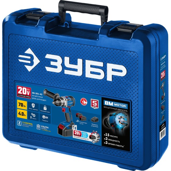 ЗУБР Т7, 20 В, 70 Н·м, 2 АКБ (4 А·ч), бесщеточная дрель-шуруповерт, кейс, Профессионал (DB-201-42) ЗУБР Т7, 20 В, 70 Н·м, 2 АКБ (4 А·ч), бесщеточная дрель-шуруповерт, кейс, Профессионал (DB-201-42)