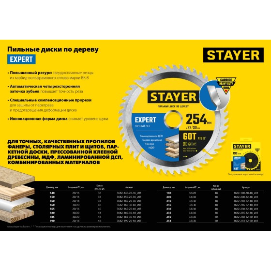 STAYER Expert, 165 x 20/16 мм, 40T, точный рез, пильный диск по дереву (3682-165-20-40) STAYER Expert, 165 x 20/16 мм, 40T, точный рез, пильный диск по дереву (3682-165-20-40)