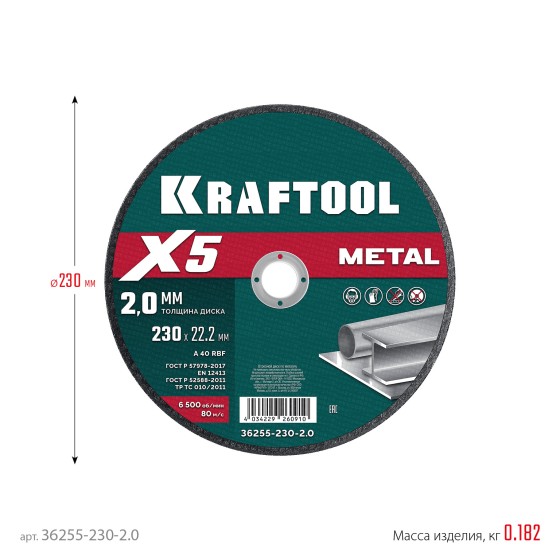 KRAFTOOL X5 Metal 230x2.0 мм по металлу отрезной диск для УШМ (36255-230-2.0)