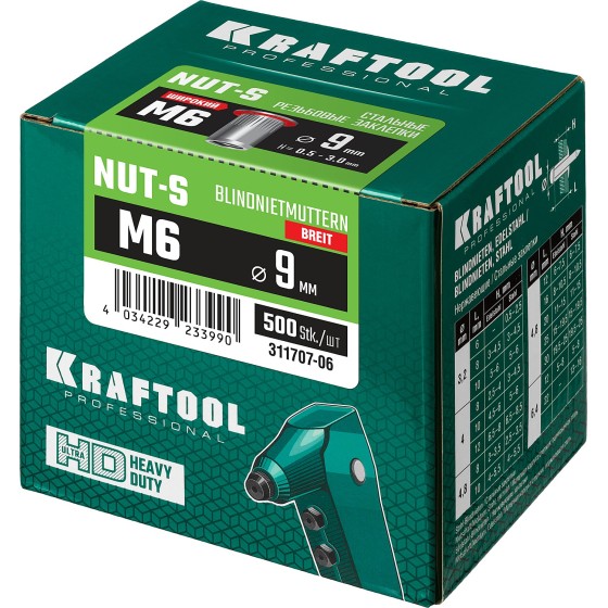 KRAFTOOL Nut-S, М6, 500 шт, резьбовые заклепки стальные с насечками (311707-06) KRAFTOOL Nut-S, М6, 500 шт, резьбовые заклепки стальные с насечками (311707-06)
