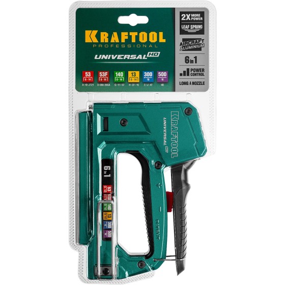 KRAFTOOL Universal-HD, 6-в-1: 53 (A/10/JT21) 23GA (6 - 14 мм)/140 (G/11/57) 20GA (8 - 14 мм)/13/53F/300/500, универсальный алюминиевый степлер (3188) KRAFTOOL Universal-HD, 6-в-1: 53 (A/10/JT21) 23GA (6 - 14 мм)/140 (G/11/57) 20GA (8 - 14 мм)/13/53F/300/500, универсальный алюминиевый степлер (3188)