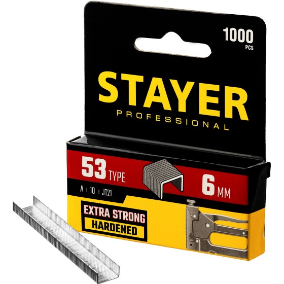 STAYER тип 53 (A/10/JT21), 6 мм, 1000 шт, калибр 23GA, скобы для степлера, Professional (3159-06) STAYER тип 53 (A/10/JT21), 6 мм, 1000 шт, калибр 23GA, скобы для степлера, Professional (3159-06)
