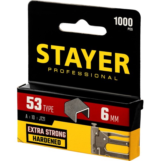 STAYER тип 53 (A/10/JT21), 6 мм, 1000 шт, калибр 23GA, скобы для степлера, Professional (3159-06) STAYER тип 53 (A/10/JT21), 6 мм, 1000 шт, калибр 23GA, скобы для степлера, Professional (3159-06)