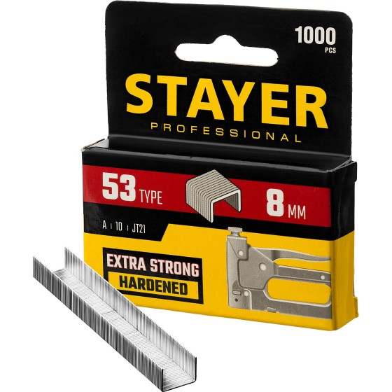 STAYER тип 53 (A/10/JT21), 8 мм, 1000 шт, калибр 23GA, скобы для степлера, Professional (3159-08) STAYER тип 53 (A/10/JT21), 8 мм, 1000 шт, калибр 23GA, скобы для степлера, Professional (3159-08)