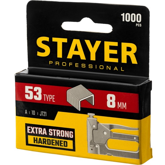 STAYER тип 53 (A/10/JT21), 8 мм, 1000 шт, калибр 23GA, скобы для степлера, Professional (3159-08) STAYER тип 53 (A/10/JT21), 8 мм, 1000 шт, калибр 23GA, скобы для степлера, Professional (3159-08)