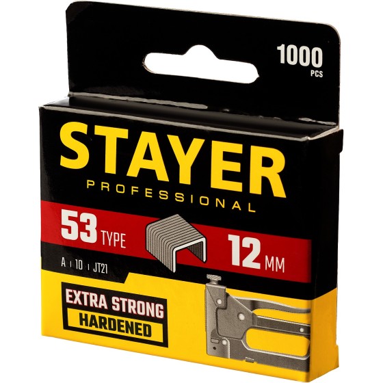 STAYER тип 53 (A/10/JT21), 12 мм, 1000 шт, калибр 23GA, скобы для степлера, Professional (3159-12) STAYER тип 53 (A/10/JT21), 12 мм, 1000 шт, калибр 23GA, скобы для степлера, Professional (3159-12)