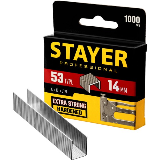 STAYER тип 53 (A/10/JT21), 14 мм, 1000 шт, калибр 23GA, скобы для степлера, Professional (3159-14) STAYER тип 53 (A/10/JT21), 14 мм, 1000 шт, калибр 23GA, скобы для степлера, Professional (3159-14)