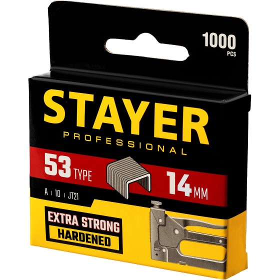 STAYER тип 53 (A/10/JT21), 14 мм, 1000 шт, калибр 23GA, скобы для степлера, Professional (3159-14) STAYER тип 53 (A/10/JT21), 14 мм, 1000 шт, калибр 23GA, скобы для степлера, Professional (3159-14)
