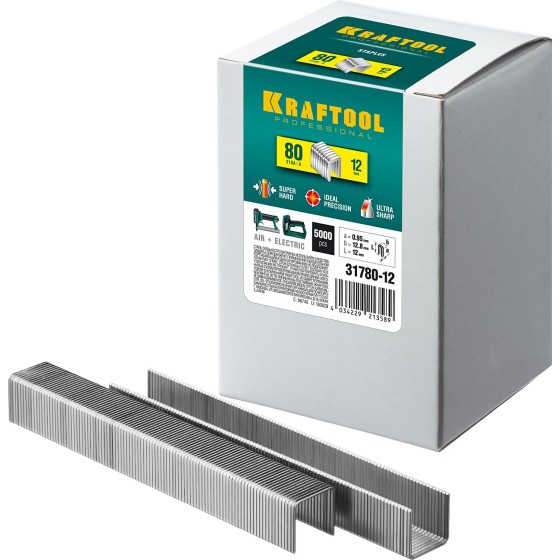 KRAFTOOL тип 21GA (80/Pr A/Senco AT) 12 мм, 5000 шт, скобы для степлера (31780-12) KRAFTOOL тип 21GA (80/Pr A/Senco AT) 12 мм, 5000 шт, скобы для степлера (31780-12)