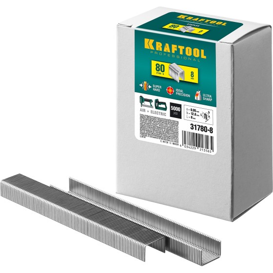 KRAFTOOL тип 21GA (80/Pr A/Senco AT) 8 мм, 5000 шт, скобы для степлера (31780-8) KRAFTOOL тип 21GA (80/Pr A/Senco AT) 8 мм, 5000 шт, скобы для степлера (31780-8)