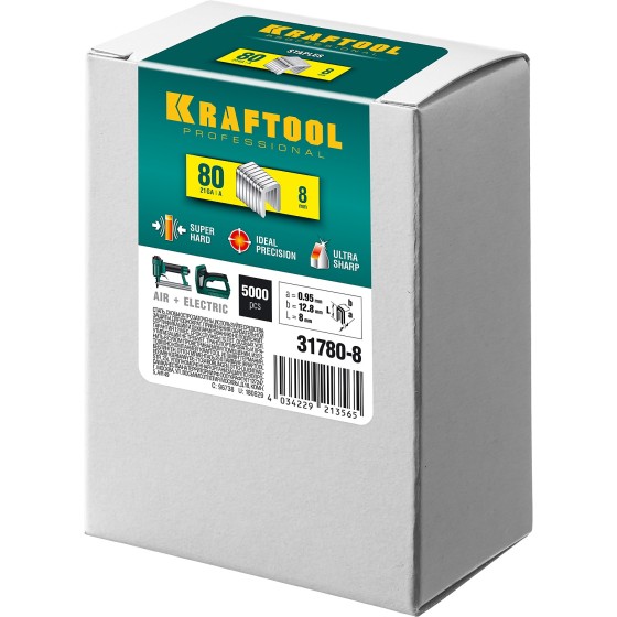 KRAFTOOL тип 21GA (80/Pr A/Senco AT) 8 мм, 5000 шт, скобы для степлера (31780-8) KRAFTOOL тип 21GA (80/Pr A/Senco AT) 8 мм, 5000 шт, скобы для степлера (31780-8)