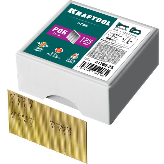 KRAFTOOL тип 23GA (P0.6) 25 мм, 10 000 шт, шпильки для нейлера (31786-25) KRAFTOOL тип 23GA (P0.6) 25 мм, 10 000 шт, шпильки для нейлера (31786-25)