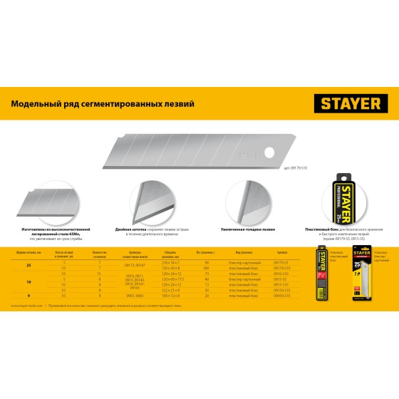 STAYER 18 мм, 10 шт, сегментированные лезвия (09150-S10 ) STAYER 18 мм, 10 шт, сегментированные лезвия (09150-S10 )