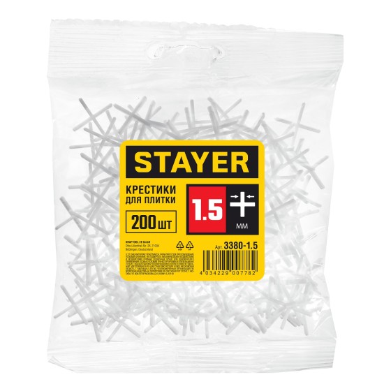 STAYER 1,5 мм, 200 шт, крестики для плитки (3380-1,5) STAYER 1,5 мм, 200 шт, крестики для плитки (3380-1,5)