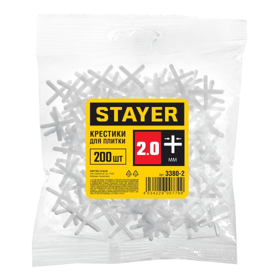 STAYER 2 мм, 200 шт, крестики для плитки (3380-2) STAYER 2 мм, 200 шт, крестики для плитки (3380-2)