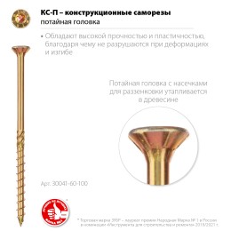 ЗУБР КС-П, 100 х 6.0 мм, TX30, потайная головка, желтый цинк, 100 шт, конструкционный саморез, Профессионал (30041-60-100)