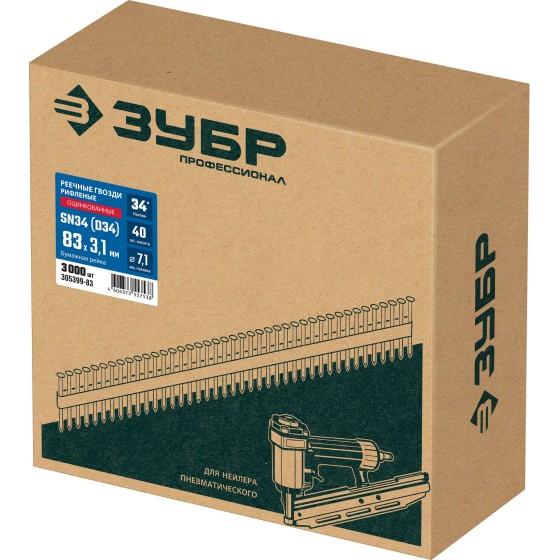 ЗУБР SN34 (D34) 83 х 3.1 мм, реечные гвозди рифленые оцинкованные, 3000 шт (305399-83)