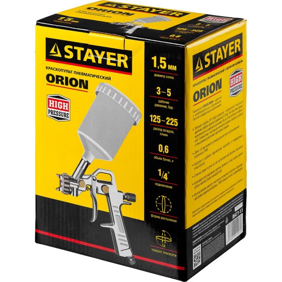 STAYER ORION G, 1.5 мм, пневматический краскопульт с верхним бачком (06471-1.5) STAYER ORION G, 1.5 мм, пневматический краскопульт с верхним бачком (06471-1.5)